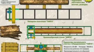 Схема лесопильной площадки. Установлены  - пилорама Тайга, кромкообрезной станок Тайга, торцовочный станок Тайга